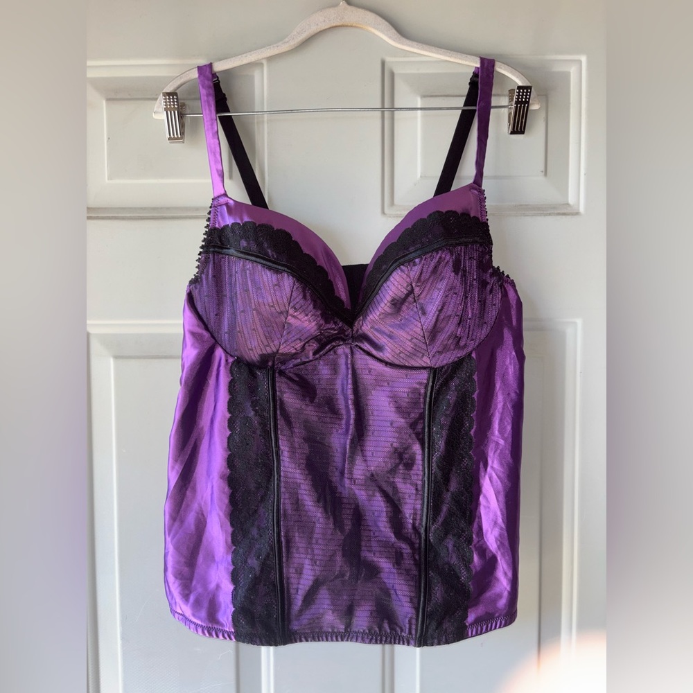 Cacique purple satin + black lace bustier size 18/20
